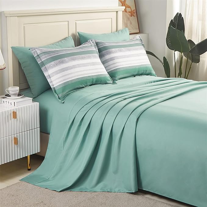 KAKIJUMN 5 Piece Bed in a Bag Stripe Comforter Set Twin Size, White Grey Sage Green Patchwork Striped Comforter and Sheet Set, All Season Soft Microfiber Complete Bedding Set(Green,Twin)