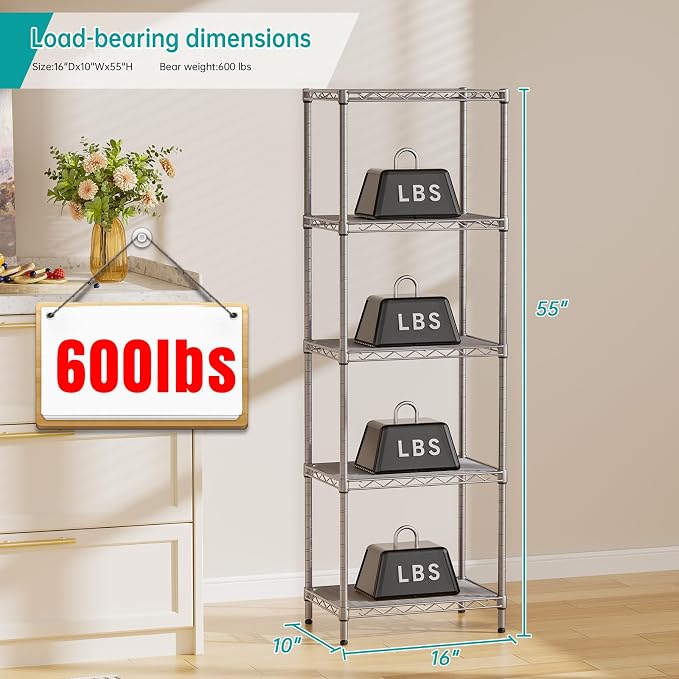 SINGAYE 5 Tier Shelf Wire Shelving Adjustable Storage Shelves Rack Standing Units for Kitchen Closet Laundry Bathroom Organizers Metal Pantry Narrow Mesh Gaps 10" D x 16" W x 55" H Gray - Image 3