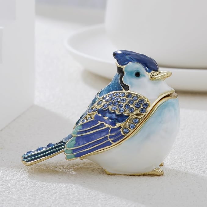 Hand Painted Enamel Blue Jay Trinket Box for Home Decor, Hinged Jewelry Organizer for Ring Earrings, Unique Figurine Keepsake Collectible Personalized Elegant Handmade Ornament Gifts (Blue Jay) - Image 4