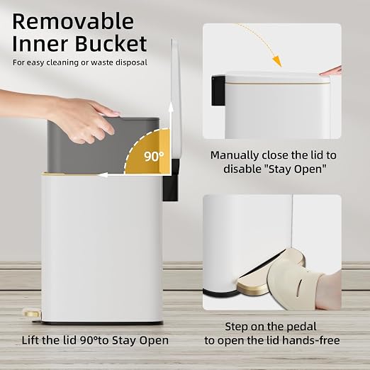 KUK Slim Bathroom Trash Can with Lid, 1.6 Gal / 6L Stainless Steel Small Garbage Bin with Detachable Inner Bucket, Step Pedal, Silent Close, Wastebasket for Toilet, Bedroom, Home, Office (White) - Image 5