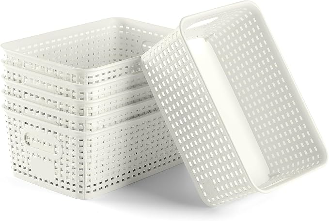 Plastic Storage Baskets 6 Pack Sturdy Storage Organizer Basket Woven Plastic Storage Bins for Shelves,Closet,Countertops, Desktops, Cabinets and Badrooms,Saving Storage, Stylish Design,White - Image 7