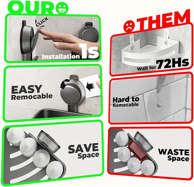 ONXE Corner Shower Caddy Suction Cup,Shower Shelves with Hooks,No Drilling Powerful Upgrade Suction Bathroom Corner Organizers and Storage,Removable Waterproof Rustproof Shower Shelf Bathroom Decor - Image 8