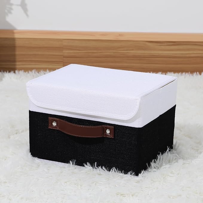 ANMINY Storage Boxes with Lids Washable Decorative Storage Bins Basket with PU Leather Handle Foldable Linen Fabric Storage Cubes Containers for Home Closet Organizer - Black White, Small Size - Image 6