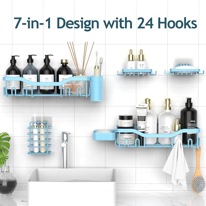 NESOMI Shower Caddy Adhesive Shower Organizer 7-Pack, Rustproof Stainless Steel Bathroom Shelves, Large Capacity No-Drill Rack Storage Accessories with Soap Dish Toothbrush Holder Hooks - Image 4