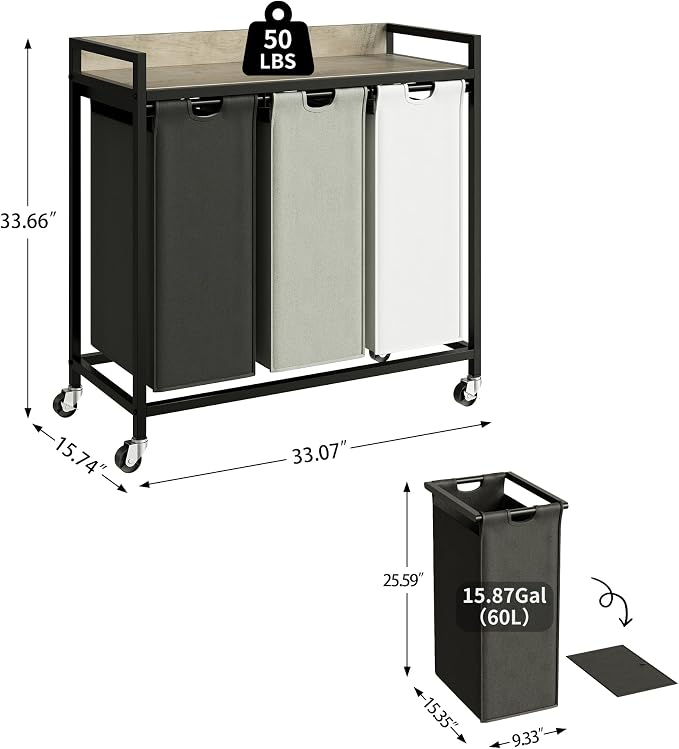 Herture Laundry Hampers with Shelf, Laundry Basket 3 Section, Laundry Sorter with Pull-Out Removable Large 3 Color Bags and Movable Wheels, Metal Frame, 3 x 15.87 Gallons (60L), Greige PF04XLZ - Image 4