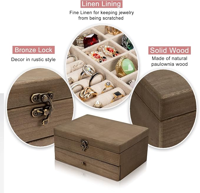 Pinzoveco Jewelry Box for Women, Rustic Wooden Jewelry Organizer Box for Storage Earrings Rings Necklace Bracelet, Farmhouse Style Wood Jewelry Boxes & Organizers (Gray) - Image 5