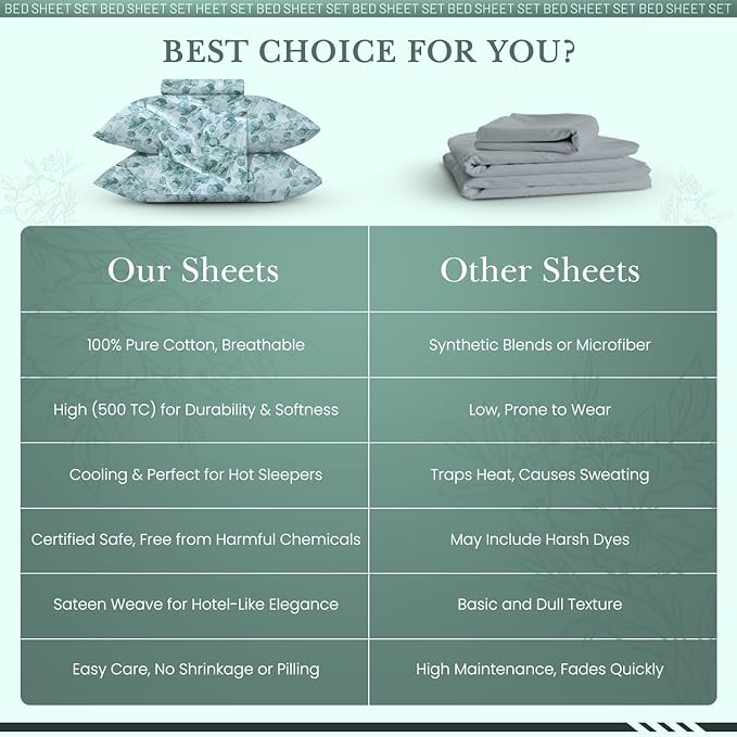 Feather & Stitch Printed 500 TC California King Size 4pc Damask Bed Sheet Set, 100% Soft Cotton Breathable Bedsheets, 18" Deep Pockets Sateen Weave Striped Bedding Mattress - Green Leaf