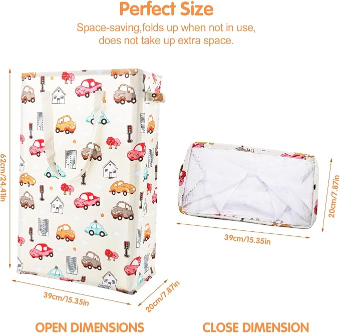 Odonata Slim Laundry Hamper Handles Collapsible Laundry Basket Thin Dirty Clothes Basket Narrow Laundry Bag Foldable Dirty Hamper 48L (Car) - Image 2