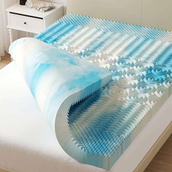 DUMOS 4 Inch Memory Foam Mattress Topper Queen, 5-Zone Cooling Gel Infused Pressure Relief Mattress Pad for Back & Hip Pain, Soft Dorm RV Camping Bed Topper, Blue
