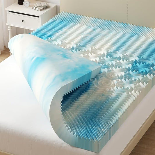 DUMOS 2 Inch Memory Foam Mattress Topper King, 5-Zone Cooling Gel Infused Pressure Relief Bed Topper for Back & Hip Pain, Soft Dorm RV Camping Mattress Pad, Blue