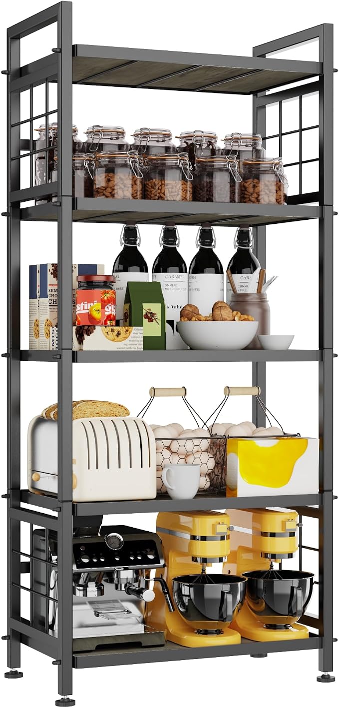 GIOTORENT 5-Tier Kitchen Storage with Wooden Boards, Heavy Duty Storage Shelves & Bookshelf, Adjustable Metal Shelving Unit for Garage Kitchen Bathroom Laundry Organizer, 750LB Capacity, Black by GIOTORENT