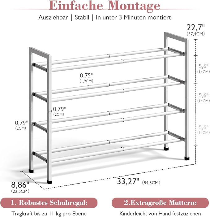 Bumusty 4-Tier Expandable Shoe Rack for Closet, 18“-33” Adjustable Shoe Rack for Small Space, Small Shoe Organizer for Front Door, Sturdy Metal, White - Image 3