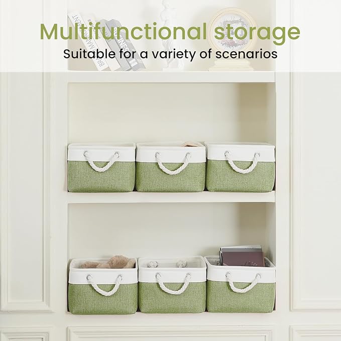 Storage Baskets for Shelves 13.8x9.8x6.7 Inch, Foldable Fabric Storage Bins with Handles, Small Storage Baskets for Organizing Closet, Office, Home Organization (6-Pack, White&Green) - Image 6