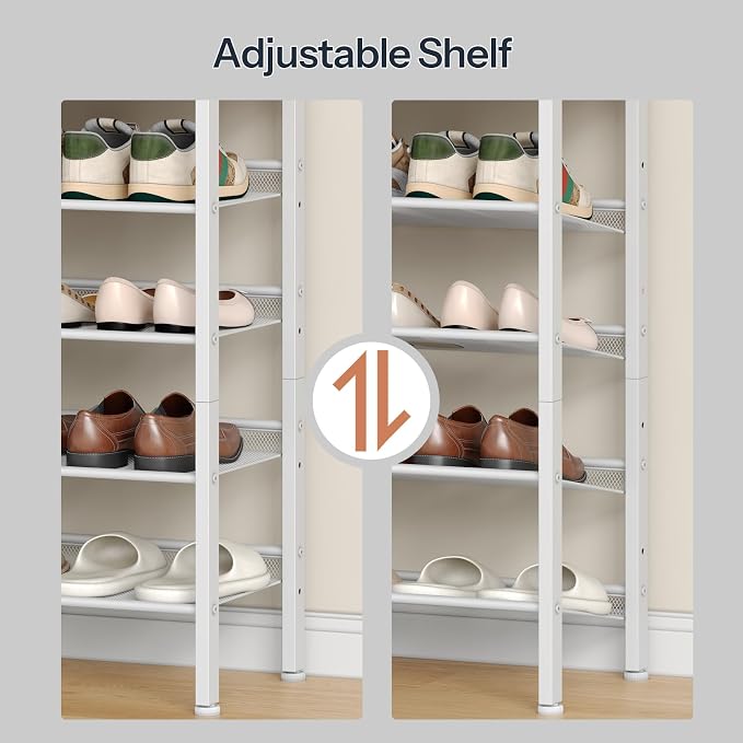 HOOBRO Shoe Rack for Entryway, 5-Tier Shoe Organizer with Adjustable Mesh Shelves, 12-16 Pairs of Shoes, Spacious Floor Mount, Metal, Industrial, Shoe Shelf for Closet, Natural and White WN12XJ01 - Image 5