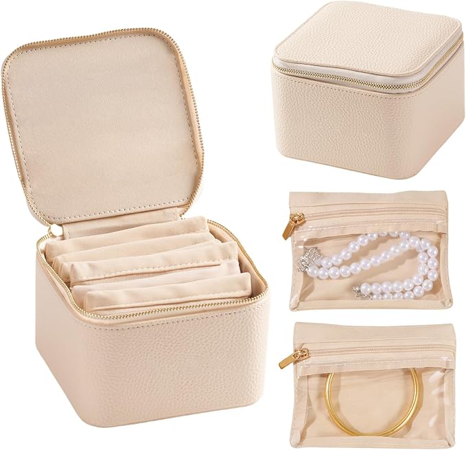 Travel Jewelry Organizer, Travel Jewelry Box with 6 Velvet Zipped Pouches Bags for Jewelries Necklaces Rings Earrings Sorting Storage for Women Girl Gifts, Ivory by Yaliang