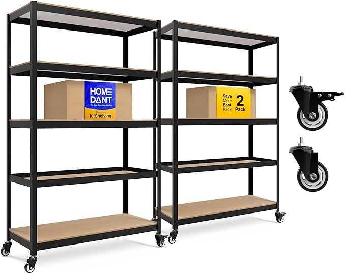 HOMEDANT House 48.1" 5-Tier Metal Rolling Cart Shelf Rack Casters Heavy Duty Laminated Wheel Shelving Unit Adjustable Utility Storage Shelves Shelf Kitchen Garage Black 2Pack by TheBestOrganizingSolution