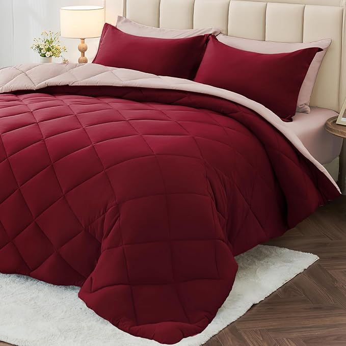 MUXHOMO 5 Pieces Twin XL Comforter Set, Reversible Bed in a Bag Twin XL Size, All Season Bedding Set with Comforter, Flat Sheet, Fitted Sheet, Pillowcases & Shams, Burgundy & Rose Gold