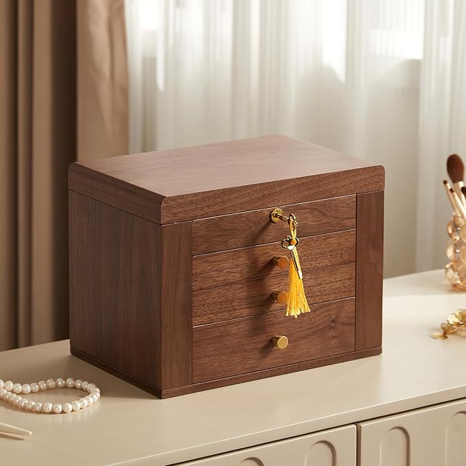 CHOSIN Black Walnut Wooden Jewelry Box, 4 Layer Lockable Wood Jewelry Organizer with Mirror, Side Doors & Brass Handle, Classical Design for Rings, Necklaces, Earrings, Mothers Day Gifts for Mom - Image 2
