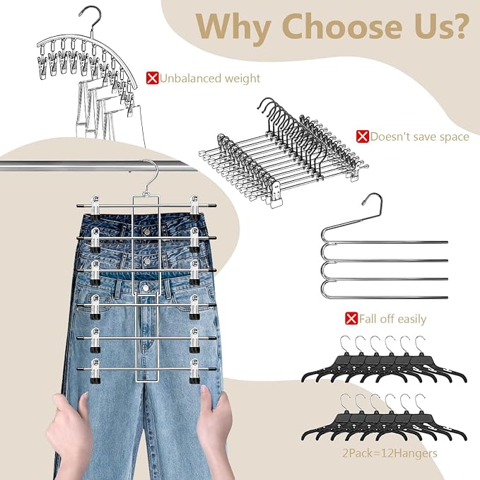 Pants Hangers with Clips,Space Saving Hanging Closet Organizer-6 Tiers Skirt Hangers with 360° Swivel Hook,Closet Organizer-Clothes Hangers- College Dorm Essentials Apartment Essentials-2 Pack - Image 3
