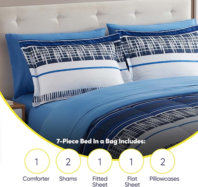 Sweet Home Collection 7 Piece Comforter Set Bag Solid Color All Season Soft Down Alternative Blanket & Luxurious Microfiber Bed Sheets, Mediterranean, Queen