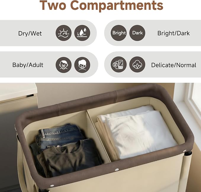 StorageWorks Laundry Hamper 2 Section, 100L Rolling Laundry Sorter Cart with Removable and Washable Liner Bag, Clothes Hamper with Wheels and Handle for Laundry Room and Bedroom, Light Khaki - Image 2