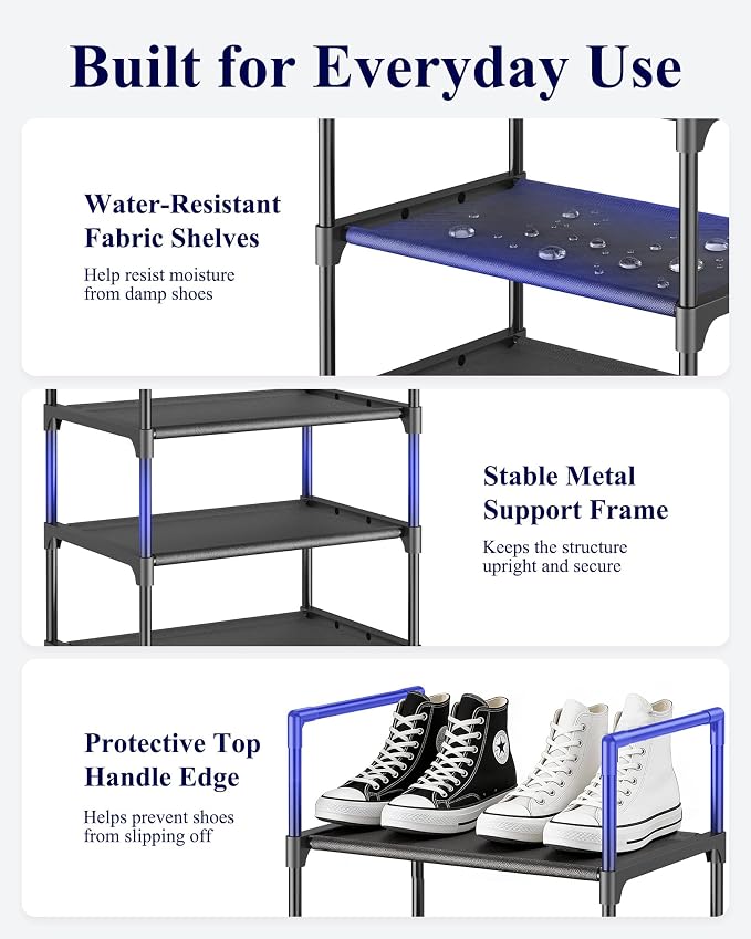 Kitsure Shoe Rack - 10-Tier Shoe Organizer with Detachable Fabric Shelves & Metal Frame, Tall Shoe Rack for Closet, Entryway, Living Room, 16.9" Wide - 10 Tier, Black - Image 6
