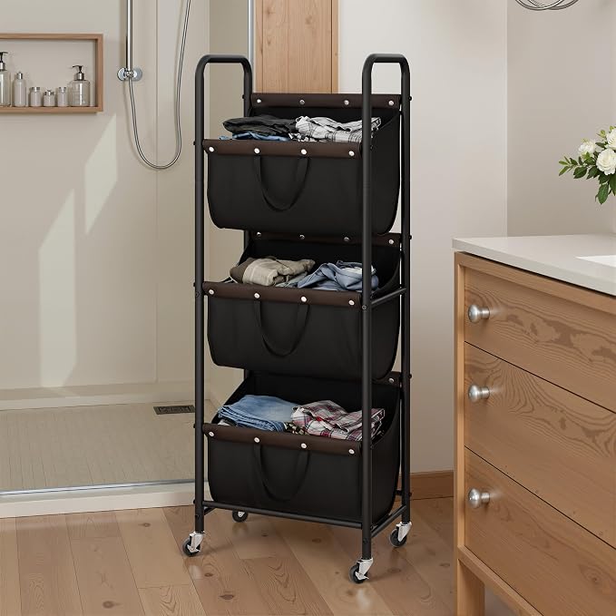 GRANNY SAYS 3 Tier Laundry Sorter, Laundry Basket with Wheels, Laundry Room Organization and Storage, 3 Section Rolling Laundry Cart for Dorm, Bathroom, Bedroom, Closet, Black - Image 5