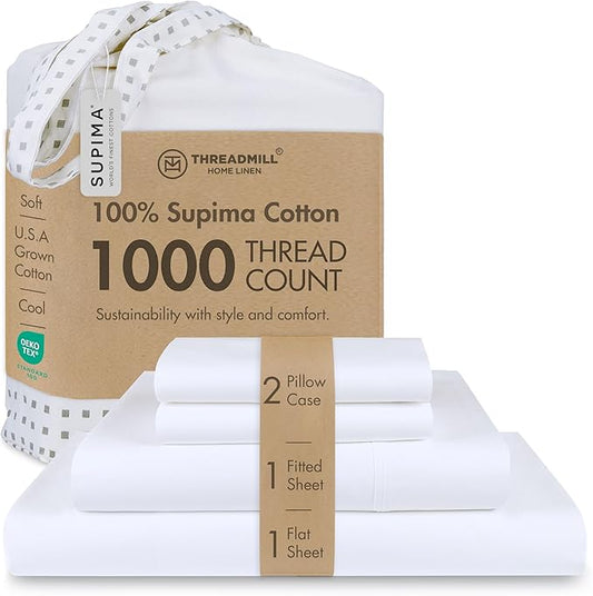 Threadmill Luxury Supima Cotton Sheets, Luxury 1000 Thread Count 100% Soft 100% Soft Cotton Sheets for Full Size Bed, 4 Pc White Bed Sheets Full Set, 5-Star Hotel Quality Deep Pocket Bed Sheets Set