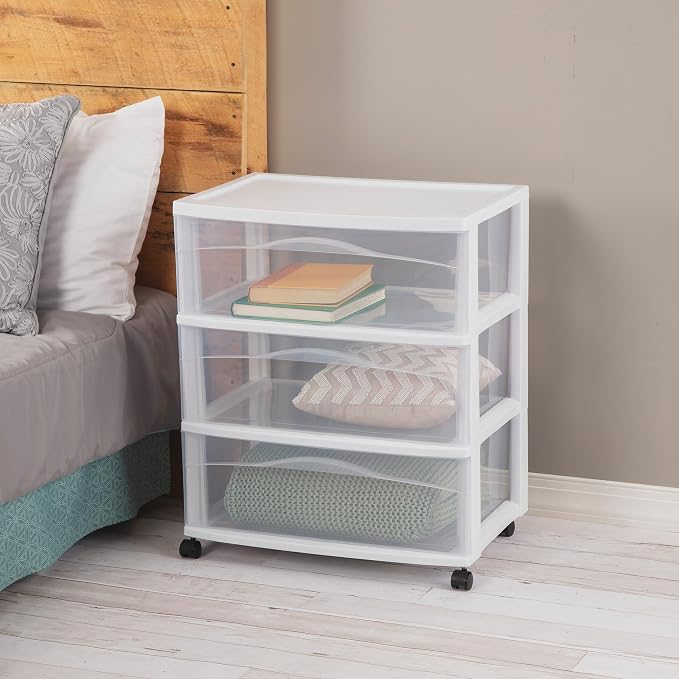 Sterilite Wide 3 Drawer Storage Cart, Plastic Organizer with Wheels, White - Multipurpose Bin for Clothes, Accessories, or Home Accessories - Image 2