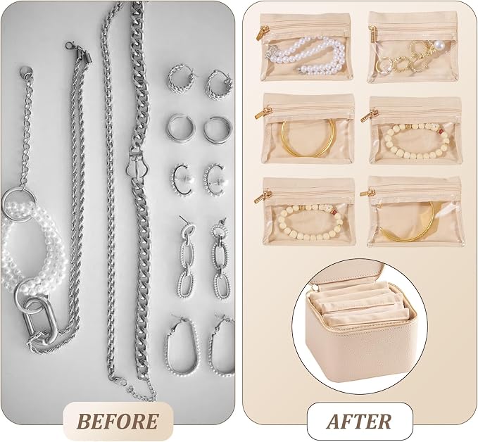 Travel Jewelry Organizer, Travel Jewelry Box with 6 Velvet Zipped Pouches Bags for Jewelries Necklaces Rings Earrings Sorting Storage for Women Girl Gifts, Ivory - Image 5