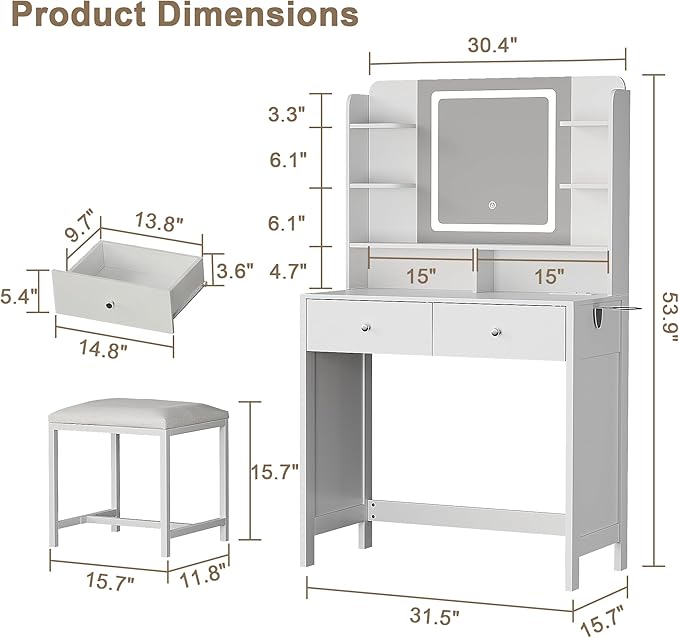 White Vanity with Lighted Mirror, 8 Shelves, 2 Drawers, Charging Station, Hair Dryer Holder & Stool, LED Mirror with 3 Light Modes
