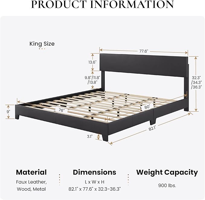 SHA CERLIN Black King Platform Upholstered Bed Frame with Faux Leather Adjustable Headboard,Wood Slats Support, No Box Spring Needed, Easy Assembly, Easy Clean Up