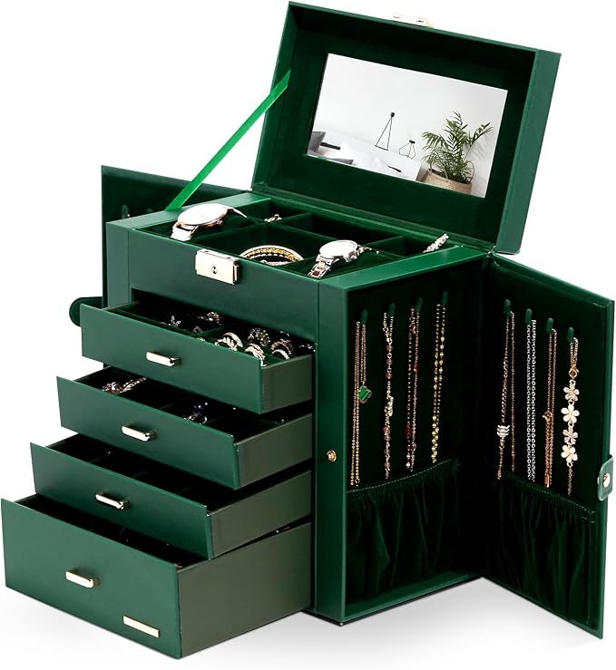 Homde Synthetic Leather Huge Jewelry Box Mirrored Watch Organizer Necklace Ring Earring Storage Lockable Gift Case (Forest Green + Gold) by Homde