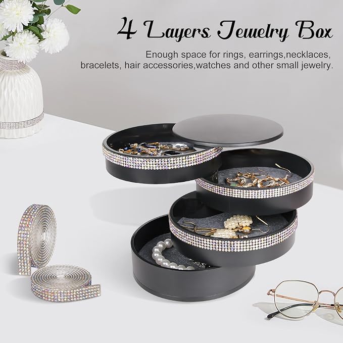 CONBOLA Jewelry Holder Organizer, Christmas Gifts Ideas for Women, Small Jewelry Storage Box Earring Holder, 5-Layer Rotating Jewelry Storage Tray with Lid for Bracelets Rings Bracelets - Image 4