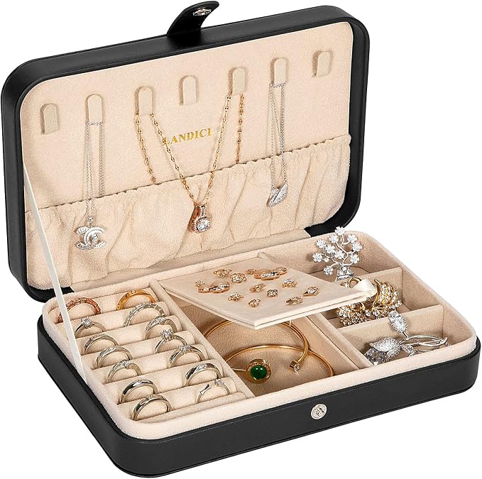 LANDICI Small Jewelry Box for Women Girls, PU Leather Travel Jewelry Case, Portable Jewelry Organizer Storage Holder Display for Ring Earrings Necklace Bracelet Bangle Men Kids Gift, Black by LANDICI