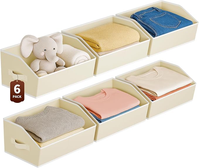 Homsorout Large Closet Organizers and Storage Bins - 6 Pack Trapezoid Storage Baskets for Shelves, Foldable Fabric Baskets with Handles Ideal for Closet, Basket, Wardrobe and Shelf Storage, Beige by Homsorout