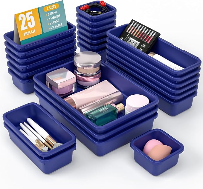 25 PCS Drawer Organizer Set, 4 Size Makeup Drawer Divider Organizer With Non-Slip Pads, Interlocking Plastic Storage Bins for Office,Jewelry Vanity,Gadgets, Bathroom,Kitchen, Navy by StoreHappily