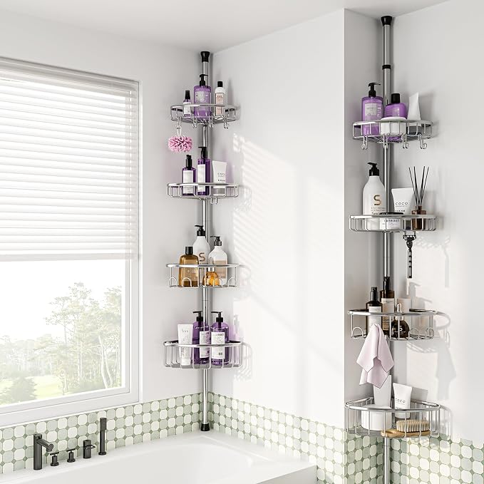 Corner Shower Caddy Tension Pole: Stainless Steel Rustproof 4-Tier Shower Organizer - 47-121 inch Adjustable Bathroom Shelves for Bathtub Shampoo Storage - Tension Rod Floor Standing Bath Rack - Image 7