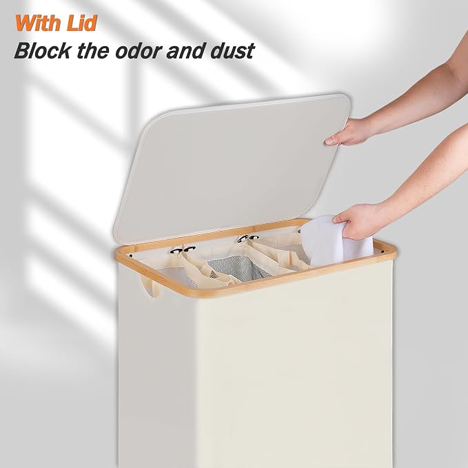 efluky Laundry Hamper with Lid, Trio Laundry Hamper with 3 Removable Bags, 3 Section Laundry Basket with Bamboo Handles for Bathroom, Bedroom & Laundry Room, 160L Beige - Image 3