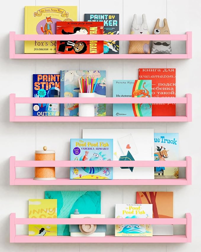 Forbena Large Pink Kids Book Shelves for Girls Room Wall Set of 4, Floating Nursery Book Shelf for Baby Girl Deocr, 24 Inches Long Wall Mounted Bookshelf for Toddler Kid Child Teens Bedroom (Pink) by Forbena
