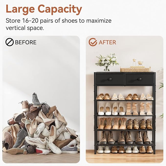Shoe Rack for Entryway, 5 Tier Shoe Organizer with 2 Non-Woven Drawers, Metal Storage Shoe Shelf for 16-20 Pairs of Shoes, with Wooden Top and Steel Frame, Shoe Stand for Closet Charcoal - Image 9