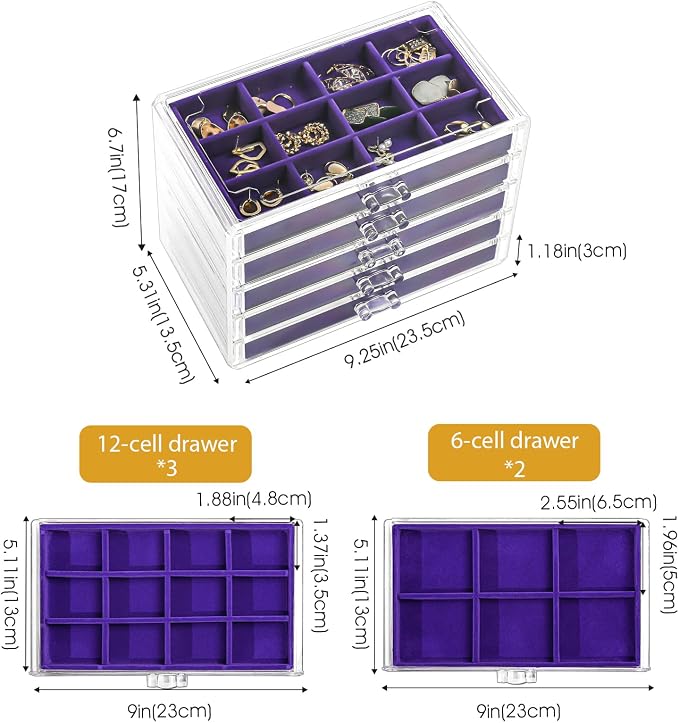 ProCase Earring Holder Organizer Jewelry Box with 5 Drawers, Acrylic Clear Earring Case with Adjustable Velvet Trays for Women - Purple, 5 Layers - Image 4