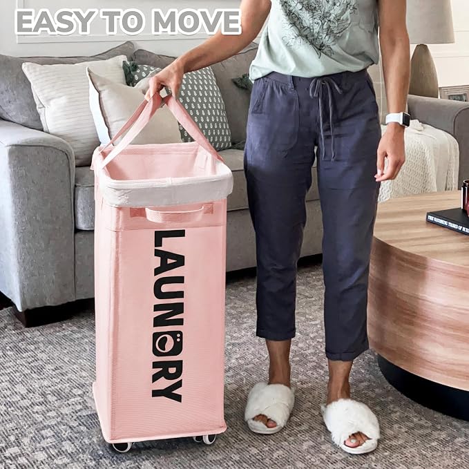 CHICVITA Laundry Hamper with Wheels 2-Pack, 75L Collapsible Laundry Basket with Removable Wash Bags, Pink Laundry Hamper for Corner Dorm, Rolling Laundry Basket on Wheels - Image 6