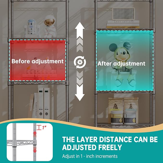 SINGAYE 5 Tier Shelf Wire Shelving Adjustable Storage Shelves Rack Standing Units for Kitchen Closet Laundry Bathroom Organizers Metal Pantry Narrow Mesh Gaps 10" D x 16" W x 55" H Gray - Image 5