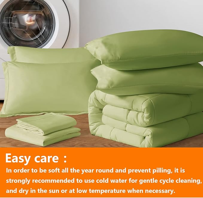 TAIMIT Sage Green Full Size Comforter Set - 7 Pieces, Bed in a Bag Bedding Sets with All Season Soft Quilted Warm Fluffy Reversible Comforter,Flat Sheet,Fitted Sheet,2 Pillow Shams,2 Pillowcases