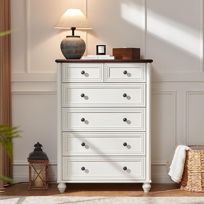 RWYHG Farmhouse 6 Drawer Dresser, Chest of Drawers for Bedroom, 43.5" Tall Wood White Kids Dresser with Roman Column and Metal Handles, Storage Dressers Organizer for Living Room, Hallway, Closet