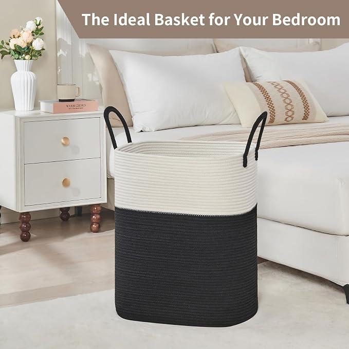 AINUOQI Laundry Basket with Handles - Blanket Basket & Hampers for Bedroom Aesthetic, Laundry Hamper & Blanket Storage for Living Room, Clothes Hamper, Tall, Large 17" x 14" x 25”, White & Black - Image 6