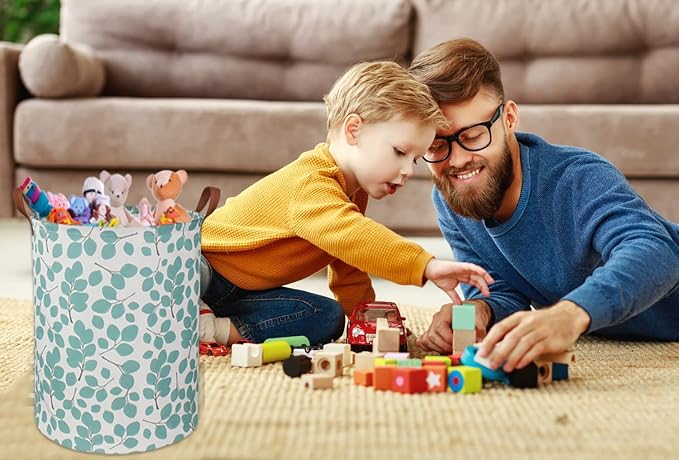 HIYAGON Laundry Baskets,Canvas Fabric Laundry Hamper,Collapsible Toy Storage Organizer Bins,Gift Basket for Bedroom, Clothes, Nursery,Kids,Boys (Eucalyptus leaves) - Image 4