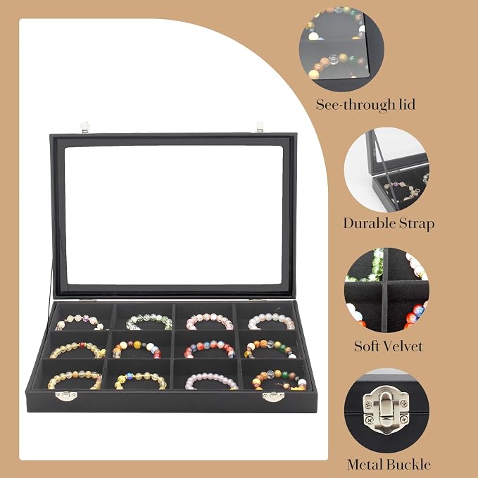 KOOAAICCHI Jewelry Tray Organizer with Clear Lid - 12 Grid Storage Display Case with Lock Earring Ring Organizer Showcase Gifts for Women-Black - Image 3