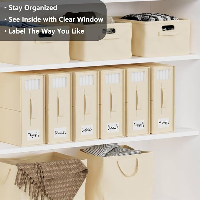 SheetCube Bed Sheet Organizers and Storage 6 Pack, Foldable Linen Closet Organizer with Window and Label, Bedding Folder Storage Box Container for Blanket, Duvet Cover Set, Bed Sheet Set - Beige - Image 2